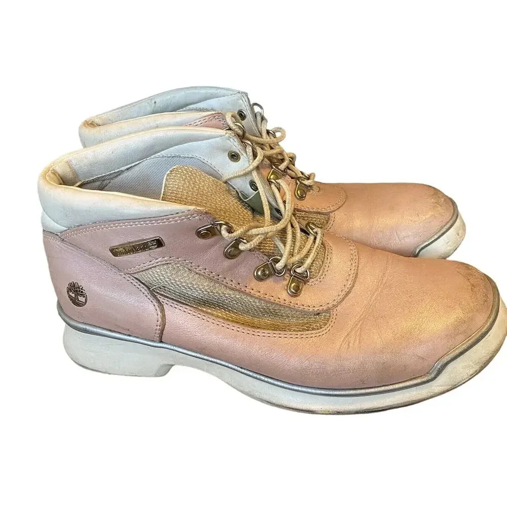 Timberland Hiking Field Boots Women 8.5 M Pink White Leather Barbiecore Mid Calf